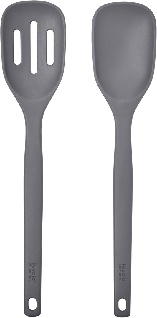 Tovolo Elements Silicone Spoon Set of 2 Mixing and Slotted Spoon Bundle for Non Stick Cooking Mixing Serving, Dishwasher Safe Heat Resistant Slotted Spoon and Mixing Serving Spoon, Charcoal Gray