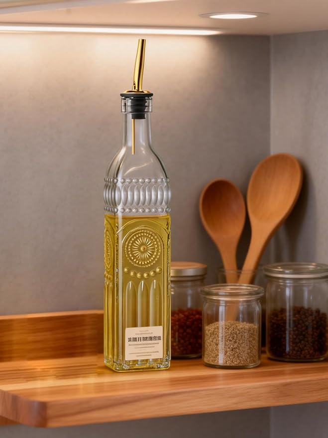 1 Pcs Olive Oil Dispenser Bottle for Kitchen,17oz Clear Glass Cooking Oil and Vinegar Dispenser Set, Coffee Syrup Dispenser with 1 Pourers and 1 Funnel (One square)