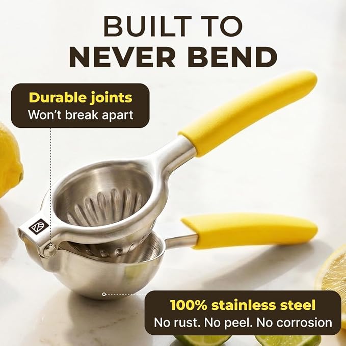 Stainless Steel Lemon Squeezer Press - No Seeds, Pro-Grade, Effortlessly Get Every Drop - Manual Non-Slip Grip Design - Lemon Lime Squeezer, Orange, and Citrus Fruit Hand Held Lemon Juicer Squeezer