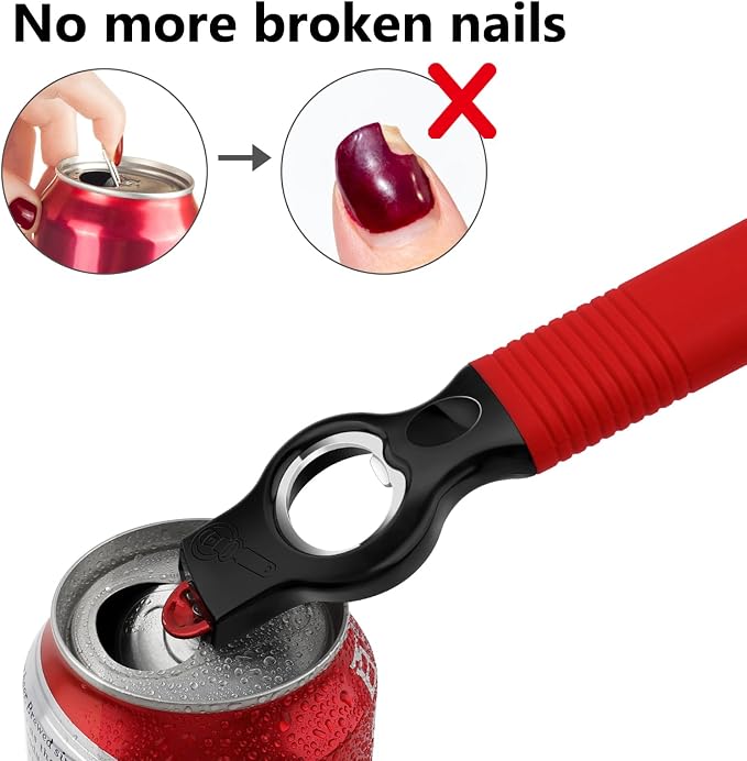 2-Pack Magnetic 2-in-1 Beer Bottle Cap & Soda Can Opener-Red | Soft Silicone Handle with Built-in Magnet Sticks to Fridges / Easy Can Tab Opener for Bartenders, Seniors, and Long nails