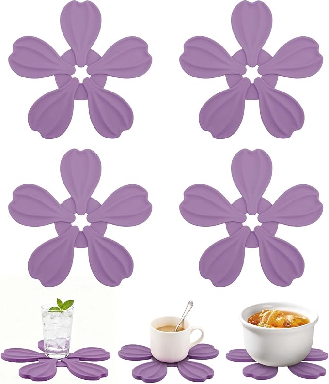 4-piece Silicone Trivet Mat - Non-Slip & Heat Resistant Kitchen Hot Pads for Table & Countertop, Multifunctional Mats can Hold Coffee, Plates, and Various Ornaments, (Purple)