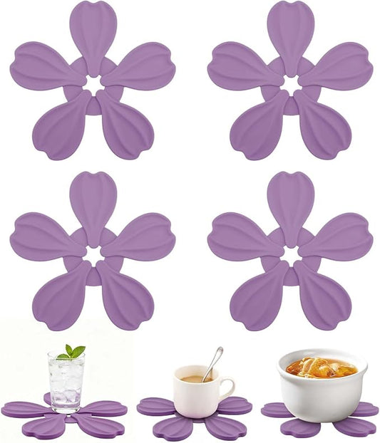 4-piece Silicone Trivet Mat - Non-Slip & Heat Resistant Kitchen Hot Pads for Table & Countertop, Multifunctional Mats can Hold Coffee, Plates, and Various Ornaments, (Purple)