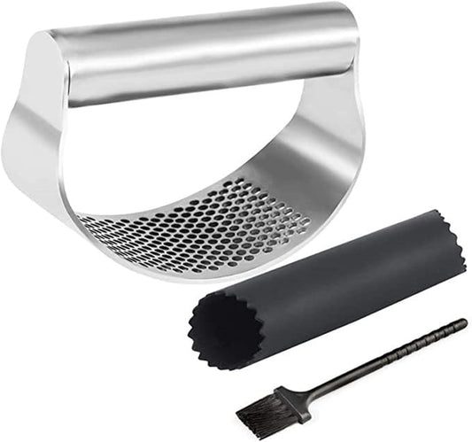 Kitchen Garlic Press Mincer, Stainless Steel Crusher Easy Squeeze Manual Honeycomb Peeler Set with Handy Clean Brush and Roller Peeler