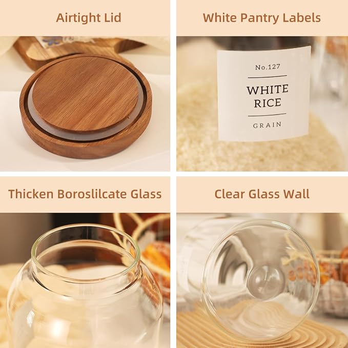 2 Pack Large Glass Flour and Sugar Storage Containers with Airtight Acacia Wood Lids and 132 Kitchen Pantey Labels Preprint - 1 Gallon Borosilicate Glass Canister Sets for Food,Pasta,Cookie,Rice