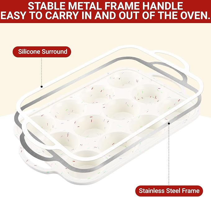 Redfly Silicone Muffin Pans for Baking 12 Cup with Metal Reinforced Frame, Nonstick 2Pack Regular Size Cupcake Pan, BPA Free Food Grade, Easy Release, Dishwasher Oven Freezer Safe for Egg Bite Molds