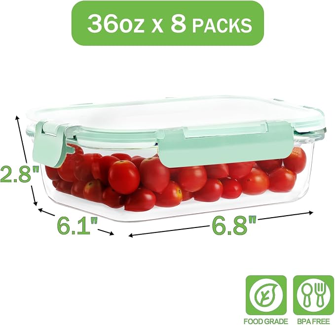 8-Pack 36oz Large Glass Meal Prep Containers with Leakproof Snap-Lock Lids | Borosilicate Glass Food Storage Containers and Bento Boxes , BPA-Free, Oven, Freezer and Dishwasher Safe-Light Blue