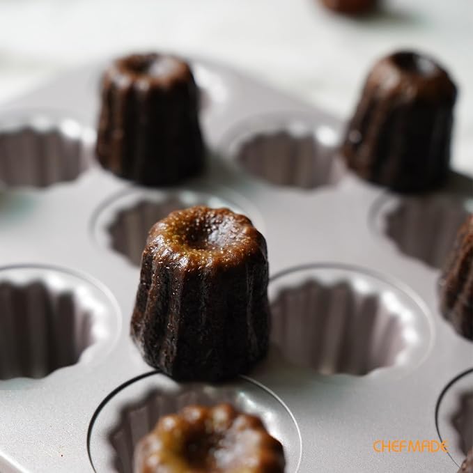 CHEFMADE Mini Canele Mold Cake Pan, 12-Cavity Non-Stick Mini Canele Muffin Bakeware Cupcake Pan for Oven Baking (Champagne Gold)