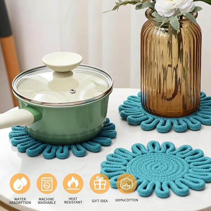 Kitchen Trivets for Hot Dishes Potholders for Countertop Hot Pads Hot Mats or Trivets for Hot Pots and Pans Home Essentials Boho Farmhouse Kitchen Decor Set of 3, 100% Cotton,7.5" (Turquoise)
