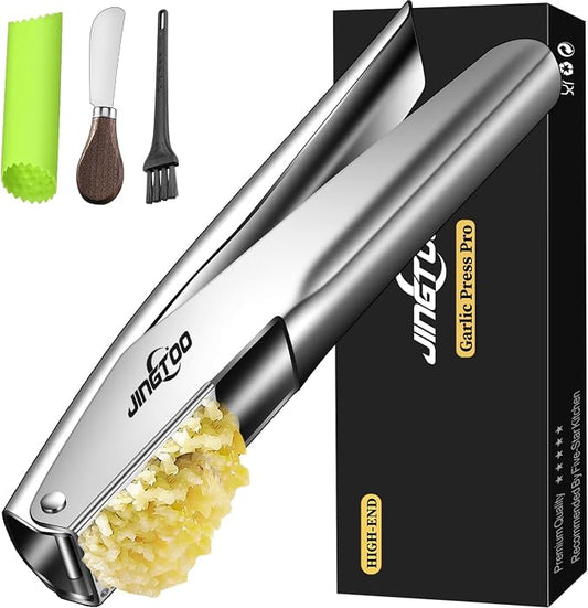 Garlic Press Stainless Steel, Premium Garlic Mincer - 5 Years Warranty - No Need to Peel Garlic Crusher, Ginger Masher & Presser Large Trough Ergonomic Handle, Easy Squeeze，Dishwasher Safe