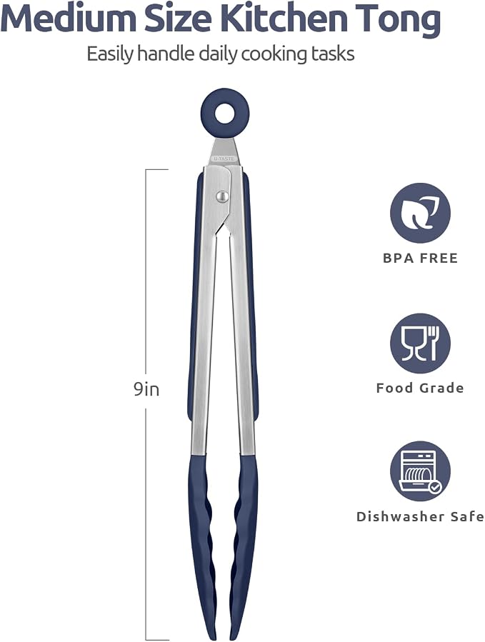 600ºF Heat Resistant Kitchen Tongs: U-Taste 9 in Silicone Cooking Tong with Firm Sealed Non Stick Rubber Tips & Silicon Coated 18/8 Stainless Steel Handle & Smooth Lock for Serving Grill-Midnight Blue