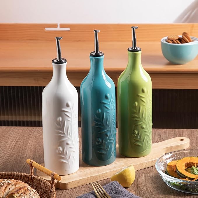 Sweejar Large Olive Oil Dispenser Bottle, 24 Oz Ceramic, Modern Relief Design, Dishwasher Safe, Gradient Green