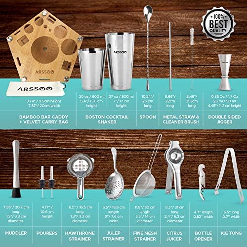 Bartender Kit: 18-Piece Stainless Steel Cocktail Shaker Set | Premium Professional Bar Tools with Rotating Bamboo Stand | Boston Shakers & Strainers (Julep, Mesh, Hawthorn) | ARSSOO Home Drink Mixing