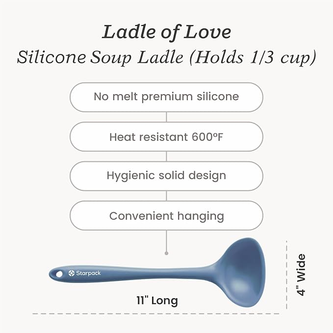 Starpack 'Ladle of Love' Premium Silicone Ladle Spoon 11" - Soup Ladles High Heat Resistant to 600°F - Kitchen Laldes for Serving - Non Stick Silicone Ladles - LFGB Grade Rubber Cooking Spoon - Blue