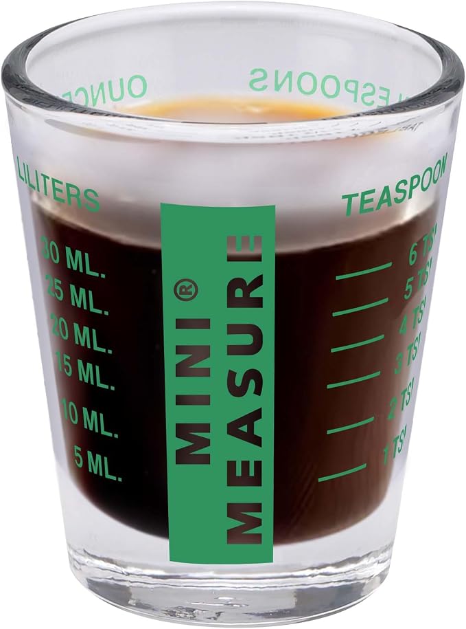Kolder Mini Measure Heavy Glass, 20-Incremental Measurements Multi-Purpose Liquid and Dry Measuring Shot Glass, Green, Set of 2