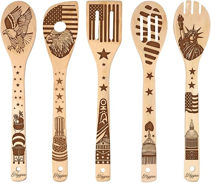 Make American Great Again! American Flag Iconic Architecture Gift Idea Cooking Serving Utensils Natural Bamboo Kitchen House Warming Presents Slotted Wooden Spoons for Cooking Utensils Set of 5…