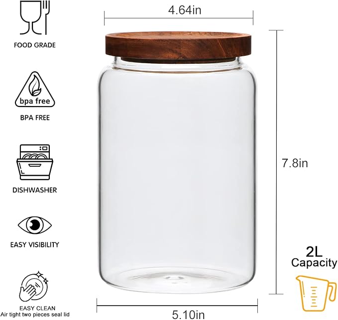 67oz 3pack Glass Pantry Storage Jars with Wooden Lids,Glass Jars | Glass Storage Containers with Lids,Glass Storage Jars for Tea,Spice,Cereal, Egg,Flour,Coffee,Cookie