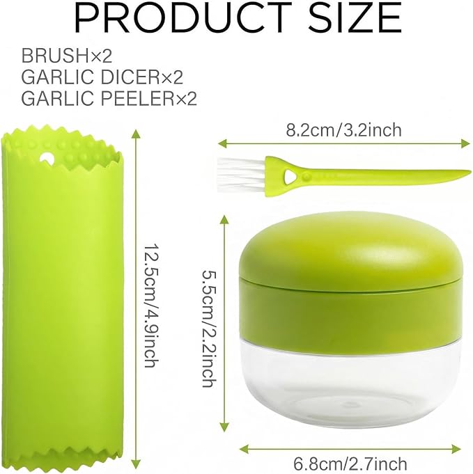 2-Pack 3-in-1 Garlic Press Set, Stainless Steel Garlic Mincer with Garlic Peeler & Cleaning Brush, Garlic Crusher Tool with Storage Container for Kitchen Cooking (Green)
