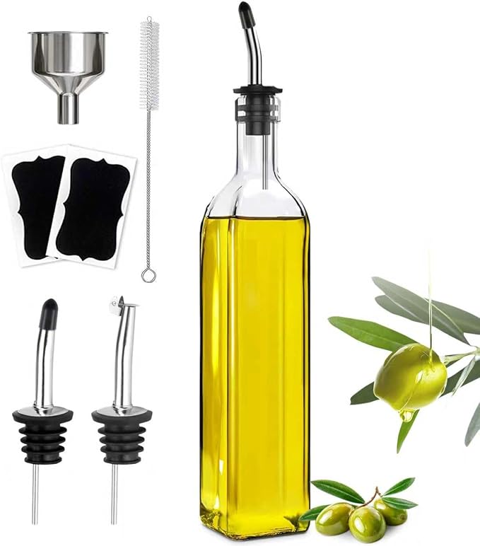Leaflai Olive Oil Dispenser Bottle, 1 Pcs Glass Olive Oil Dispenser and Vinegar Dispenser Set with 2 Stainless Steel Pourers, 2 Labels,1 Brush and 1 Funnel Oil Bottles for Kitchen (500ml)