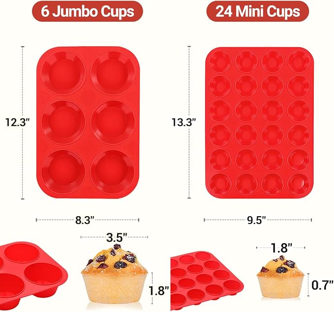 CAKETIME Silicone Muffin Pans for Baking, 2 Packs Jumbo 6 Cups and Mini 24 Cups for Baking Muffins, Cupcakes, Egg Bites, and Frittatas