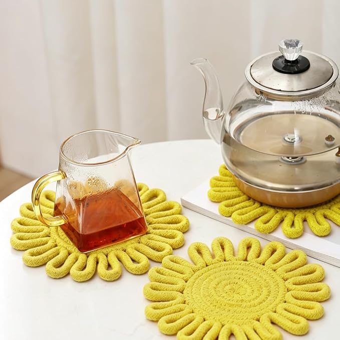 Kitchen Trivets for Hot Dishes Potholders for Countertop Hot Pads Hot Mats or Trivets for Hot Pots and Pans Home Essentials Boho Farmhouse Kitchen Decor Set of 3, 100% Cotton,7.5" (Yellow)