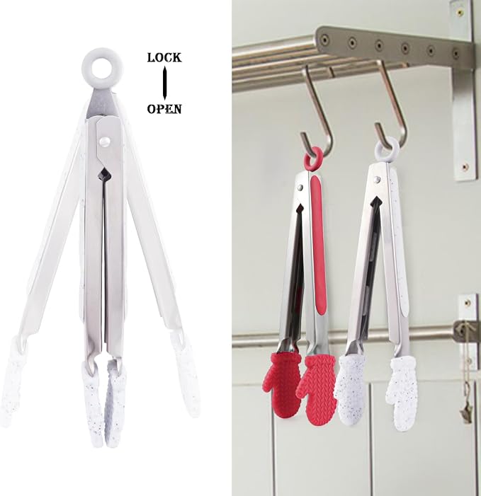 Kitchen Tongs for Cooking Non Stick Cooking Tongs Silicone Tongs Kitchen Tongs with Silicone Tips Stainless Steel Tongs (White)