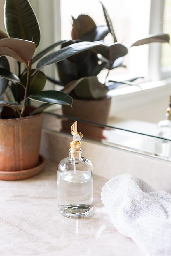Rail19 Clear Glass Mouthwash Dispenser with Metal Pour Spout | Cooking Oil and Vinegar Dispenser - Perfect for the Bathroom, Kitchen & Tabletop, 13oz (Light Gold)