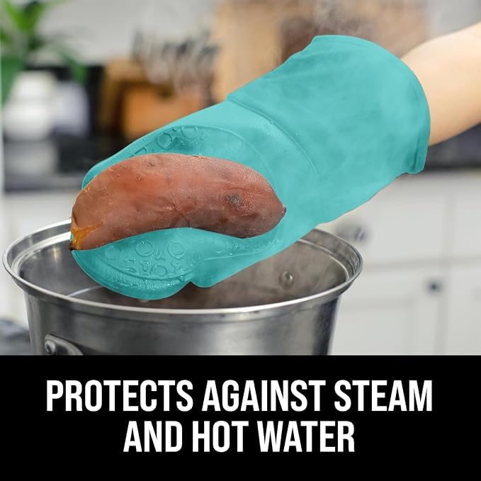 BPA-Free Soft Silicone Oven Mitts - Ultra Heat Resistant Oven Mitts with Thick Cotton Liner - Long Slip Resistant Pot Holders, Flexible Oven Gloves - Turquoise 13.7"