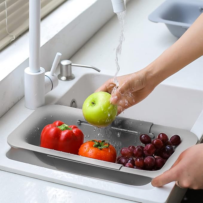 Collapsible Sink Colanders and Strainers Basket Over the Sink Colander Collapsible Colander Extendable Plastic Fruit Vegetable Strainer Drainer Basket for Kitchen (Length 14.3 inch-19.4 inch) (Gray)