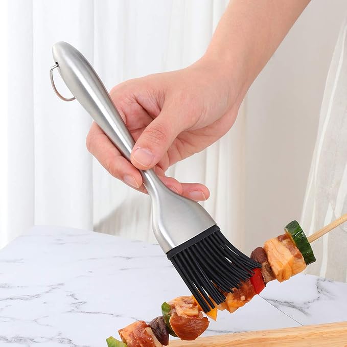 2 Pack Grill Basting Brush with 2 Pack Back Up Silicone Brush Heads, No Shed Bristles Stainless Steel Handles Heatproof Rust Resistant, Pastry Brushes for Kitchen Cooking BBQ (Silver)