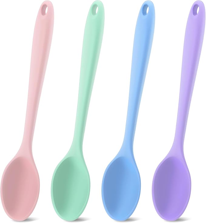 Silicone Spoons for Cooking,4 Pcs Large Serving Spoon Heat Resistant Cooking Spoon Utensils Nonstick Mixing Kitchen Spoons for Baking Serving Mixing and Stirring Dishwasher Safe,Pink,Gray,Blue, Purple