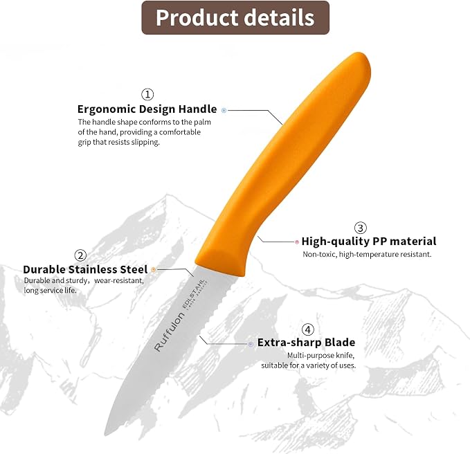 Stainless Steel Paring Knife With Serrated Blade, 6 Pieces Set Vegetable and Fruit Knife, Ultra Sharp Small Kitchen Knife, Orange Paring Knives with PP Plastic Ergonomic Handle.