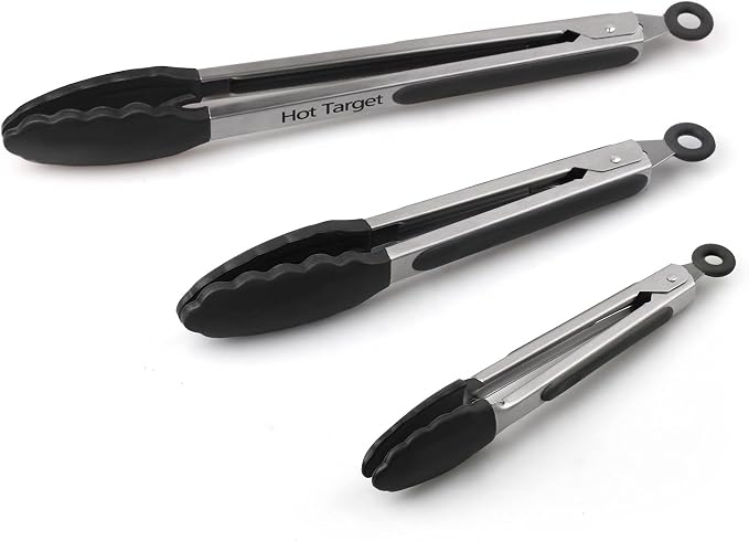 Non-Stick Kitchen Tongs for Cooking - Set of 3: 7, 9, 12-Inch Cooking Tongs w/Rubber/Silicone Tips | Stainless Steel Tong, Metal | Salad Tongs, Pasta, Food Serving, Grill Tongs, Bbq