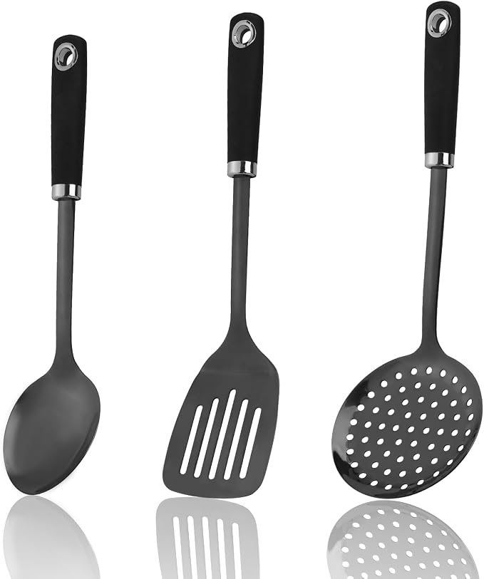 Black 3 Piece Stainless Steel Cooking Utensils Set, Metal Slotted Spoon, Slotted Turner Spatula and Skimmer Set for Frying, Serving, Dishwasher Safe