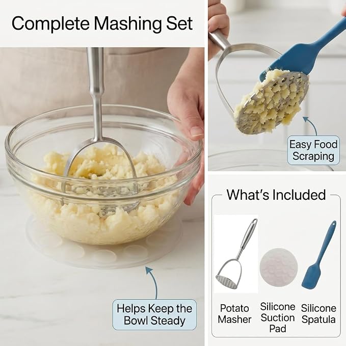Potato Masher, Heavy Duty 304 Stainless Steel Potato Masher, One-Piece 37-Hole Plate for Smooth Mashing, Dishwasher Safe, Silicone Spatula Included