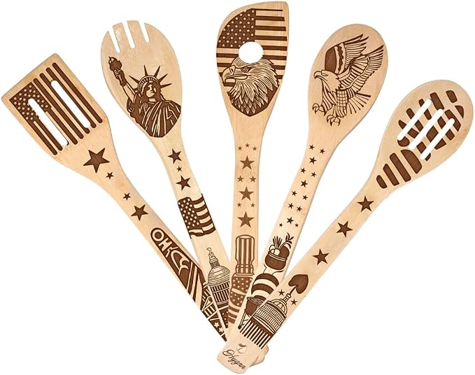 Make American Great Again! American Flag Iconic Architecture Gift Idea Cooking Serving Utensils Natural Bamboo Kitchen House Warming Presents Slotted Wooden Spoons for Cooking Utensils Set of 5…