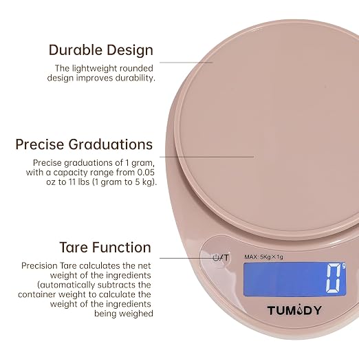 Small Digital Kitchen Scale Food -11lb/5kg Kitchen Weight Scale with LCD Display for Weight Loss, Sourdough Bread, Baking, Cooking, Keto and Meal Prep, 1g Precision, Batteries Included, Pink