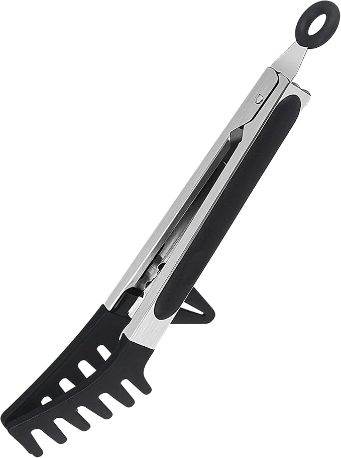 Professional Stainless Steel Pasta Tongs with Non-Slip Silicone Teeth - Heat Resistant 600°F, Dishwasher Safe Spaghetti Server Utensil for Cooking, Baking, Salad...(black)