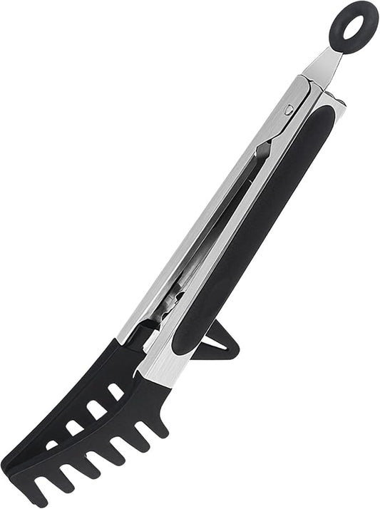 Professional Stainless Steel Pasta Tongs with Non-Slip Silicone Teeth - Heat Resistant 600°F, Dishwasher Safe Spaghetti Server Utensil for Cooking, Baking, Salad...(black)