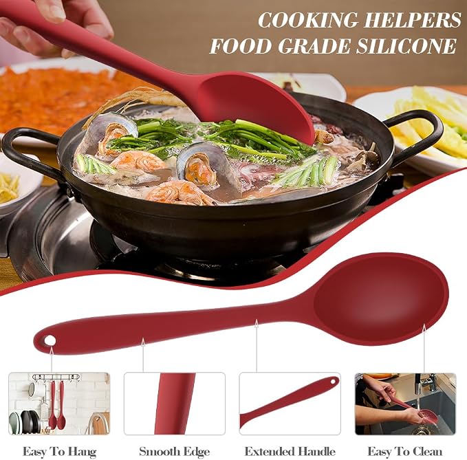 Silicone Spoons for Cooking, 2 Pcs Red Large Serving Spoon Heat Resistant Cooking Spoon Utensils Nonstick Mixing Kitchen Spoons for Cooking, Baking, Serving, Mixing and Stirring, Dishwasher Safe