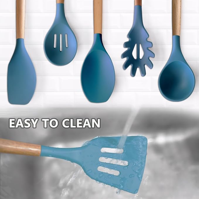 Silicone Cooking Utensils Set 6Pcs Heat Resistant Silicone Kitchen Utensils Set for Cooking Spatula Spoon Turner Ladle w Wooden Handle, BPA FREE Kitchen Gadgets for Nonstick Cookware & Baking