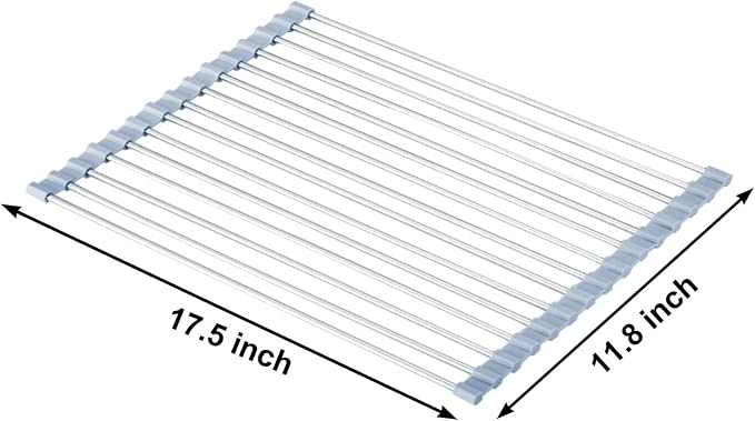 Over The Sink Dish Drying Rack, Roll Up Dish Drying Rack Kitchen Dish Rack Stainless Steel Sink Drying Rack, Foldable Dish Drainer, 17.5''x11.8''