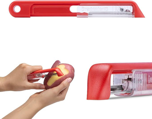 Dreamfarm Sharple Self-Sharpening Vegetable Peeler - Red | Ceramic sharpener in safety cover automatically hones stainless steel swivel blade, suitable for left & right handed use
