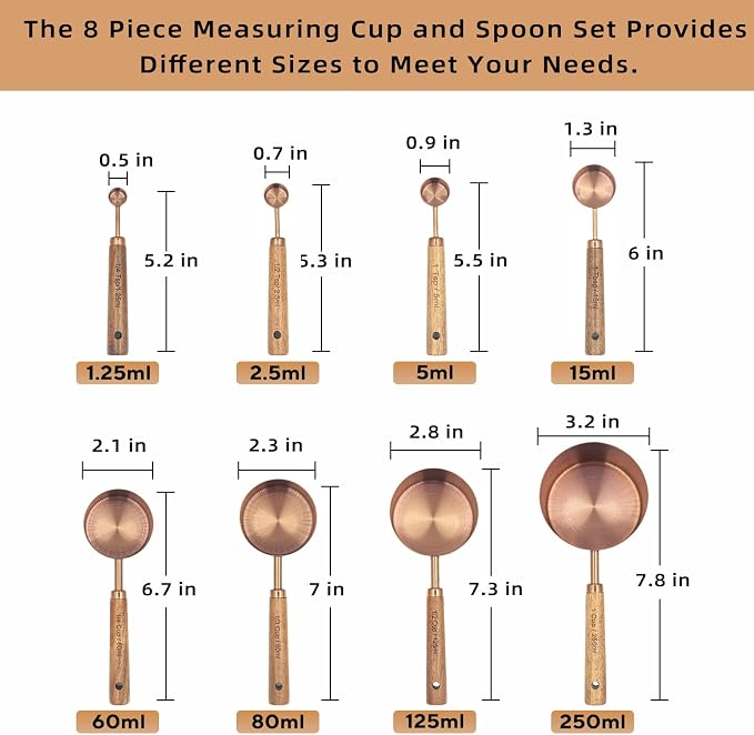 Measuring Cups and Spoons Set of 8, Stainless Steel Measuring Cup with Wooden Handle, Kitchen/Food/Liquid/Baking (Copper)