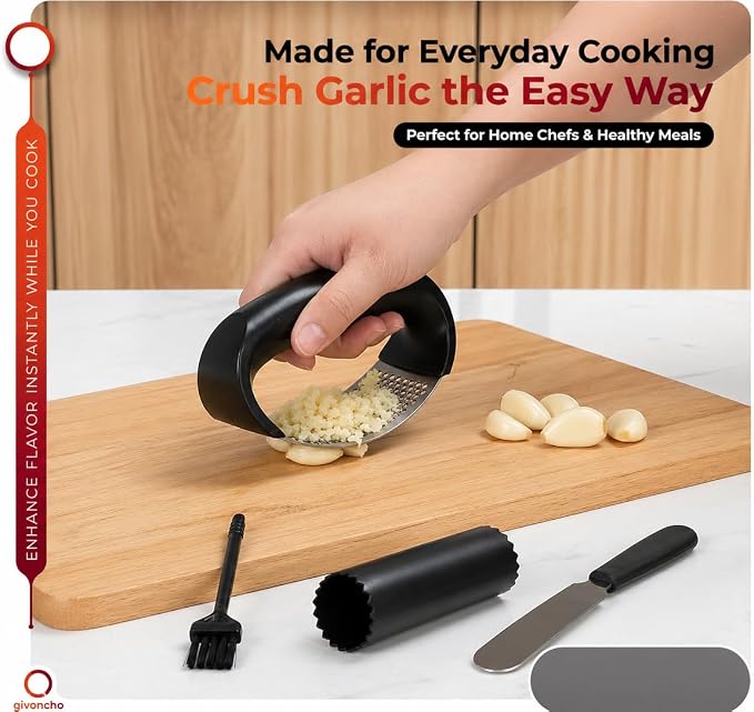 Garlic Press Rocker Set, Stainless Steel Garlic Crusher & Mincer Tool, Garlic Grinder with Peeler, Cleaning Brush and Spatula for Easy Garlic Mincing