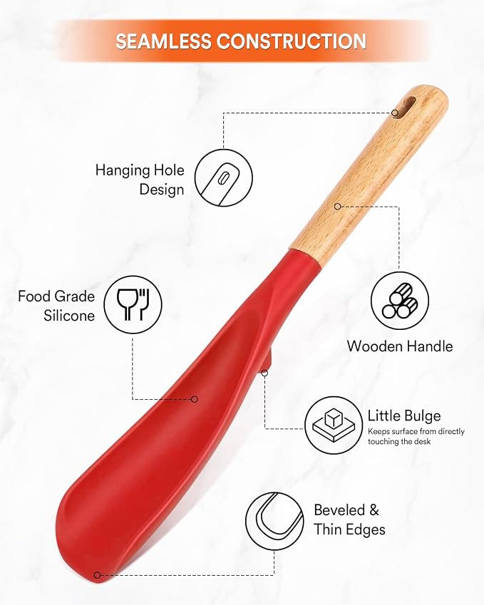 Cooking Spoon and Rice Scooper for Nonstick Cookwares, Great for Cooking and Serving Sturdy BPA-Free Matte Silicone, Wood Handle Spoon for Mixing, Scoop, and Scrape (RED)
