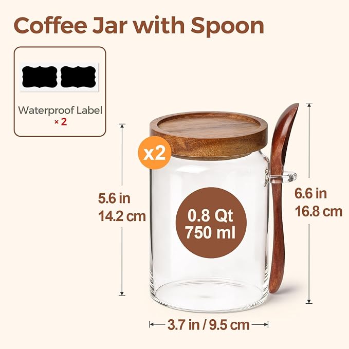 ComSaf Coffee Storage Canister with Acacia Wood Lids & Scoops 0.8Qt 2Pack | Glass Containers for Coffee Lover, Whole Beans Grounds Sugar, Coffee Bar & Office Tabletop, Jars with Labels, Lead-Free