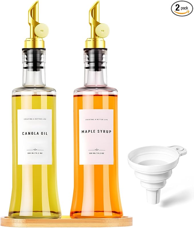 Olive Oil Dispenser Bottles for Kitchen with Bamboo Tray, Oil and Vinegar Dispenser Set, Coffee Syrup Dispensers, Glass Dispensers for Kitchen, Dispenser Bottle of 300ml - Set of 2 Gold