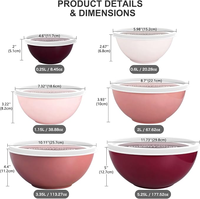 Greentainer Plastic Mixing Bowls with Lids Set for Kitchen, 6 Set Nesting Bowls for Mixing, Baking, Prepping, Cooking and Serving Food, Mixing Bowls Dishwasher, Microwave Safe