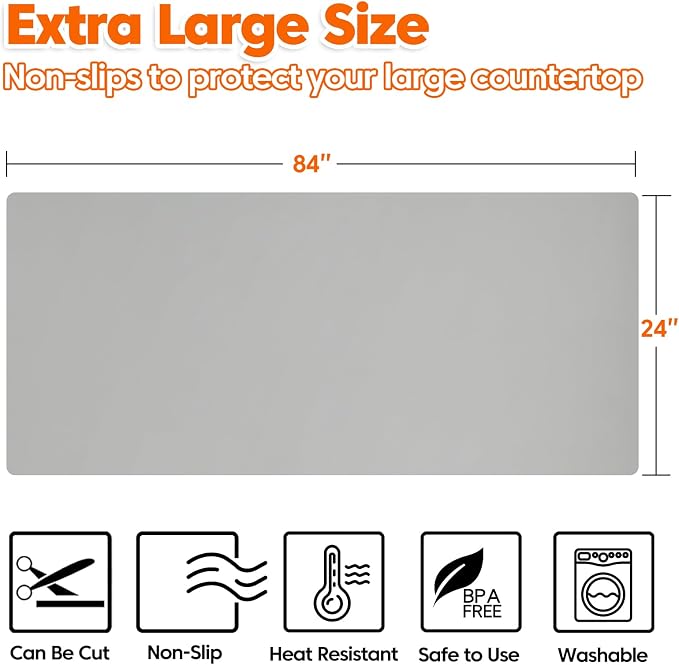 Large Silicone Mat, 84”x24” Heat Resistant Mats for Countertop, Cuttable Waterproof Kitchen Counter Mat, Multipurpose Countertop Protector Mat, Silicone Mats for Kitchen Counter (Gray)