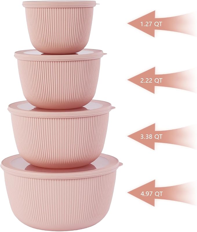 BoxedHome 4.97 Quarts Mixing Bowls with Lids Set, 4 Packs BPA-Free Plastic Prep Bowls for Kitchen, Dishwasher & Microwave Safe, Pink